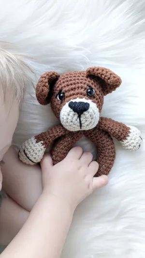 Crochet dog pattern, baby rattle dog amigurumi pattern, crochet baby gift idea