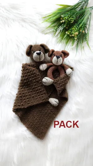 Crochet dog pattern, crochet baby lovey blanket pattern, dog baby rattle, set of 2 amigurumi patterns