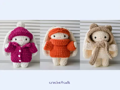 5-in-1 Crochet Bunny with Winter Clothes and Accessories Pattern Bundle | Collared Jacket, Hat, Hooded Scarf, Turtleneck, Ear Warmer