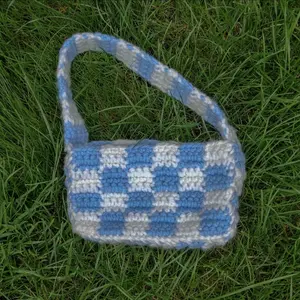 Checkered Crochet Shoulder Bag Black