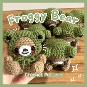 CROCHET PATTERN Bear with a Frog Poncho - adorable small plush frog bucket hat plushy with frog bear poncho keychain kawaii gift