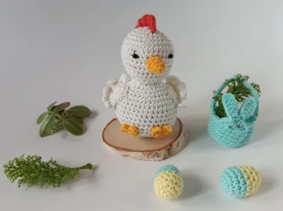 Easter set with Hen, Bunny basket, eggs