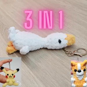 3 in 1 Keychain Bundle. Little Goose Bird, Pikachu Pokemon, Corgi Puppy Dog. Softie Amigurumi