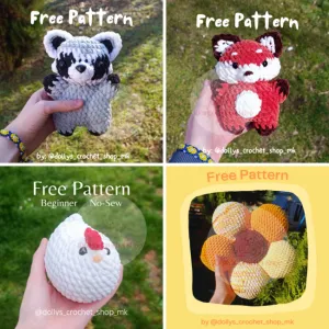 Free patterns bundle: Flower pillow, fox, raccoon, no-sew chicken