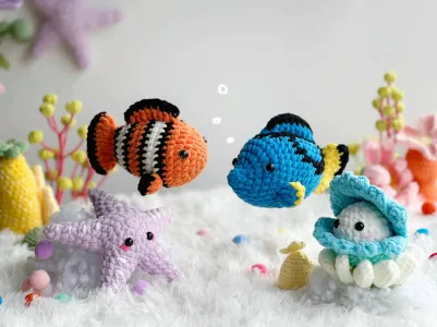 Ocean No Sew Crochet Pattern, No Sew Amigurumi Crochet Patterns | Blue Tang, Clownfish, Mussel, Starfish
