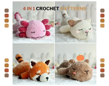 Combo 4in1 Amigurumi Crochet Pattern,Axolotl Crochet Pattern, Red Panda Crochet Pattern, Cat Crochet Pattern, Capybara Crochet Pattern