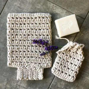 Joanna Exfoliating Spa Set // Crochet Spa Gift Basket // Hemp Spa Mitt // Crochet Soap Saver