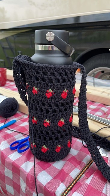 Crochet Strawberry Water Bottle Carrier With Keychain Handmade