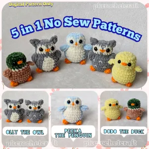 No Sew 5 in 1 Pattern, Olly The Owl, Peeka The Penguin, Dodo The Duck