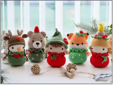 Christmas ornaments: Elf, candle, fox, snowman and bear