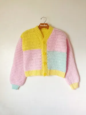 Colorblock Checker Crochet Cardigan