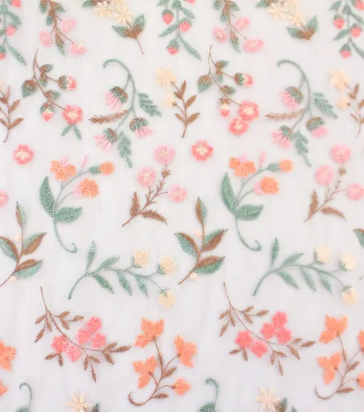 Wild Flower on White Scallop Edge Embellished Mesh Fabric by Sew Sweet by  Joann