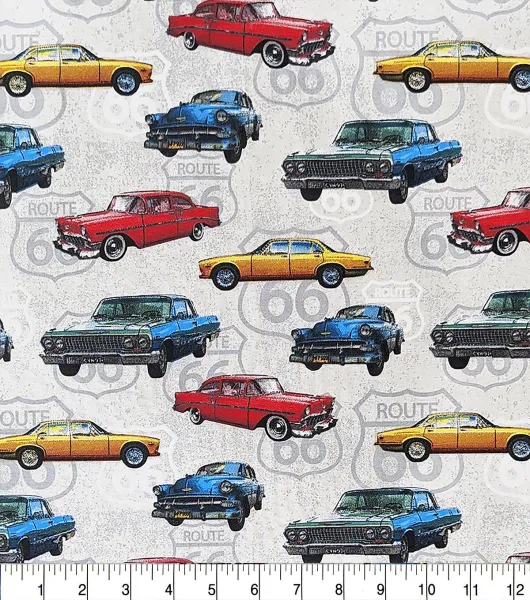 Route 66 Vintage Cars Novelty Cotton Fabric by Novelty Prints