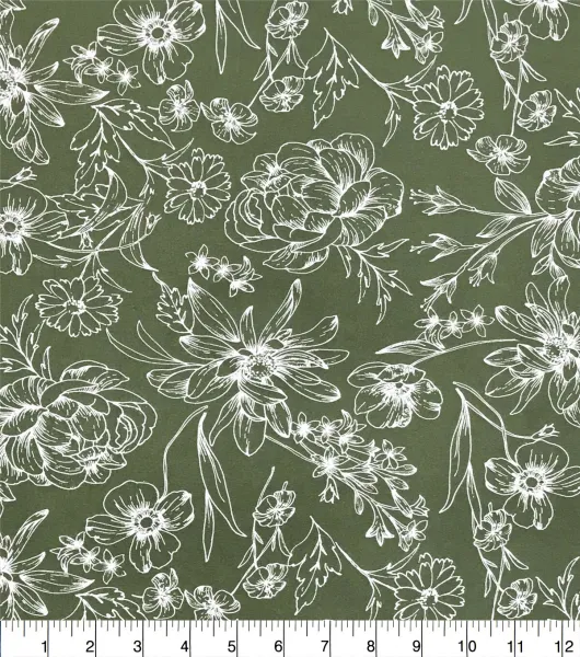 Olive White Outline Floral Stretch Chiffon Fabric by Joann