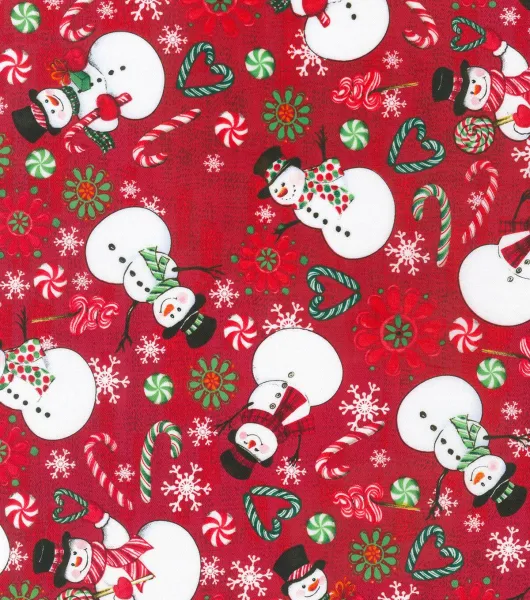 Robert Kaufman Sweet Snowmen Red Christmas Cotton Fabric by Robert Kaufman