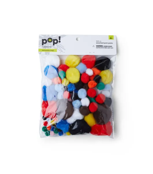 Pop! 100ct Multicolor Assorted Pom Poms - Animal Multi - Kids Craft Basics - Kids