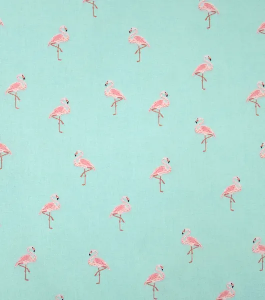 Denim fabric, with pink flamingos printed - flamingo print