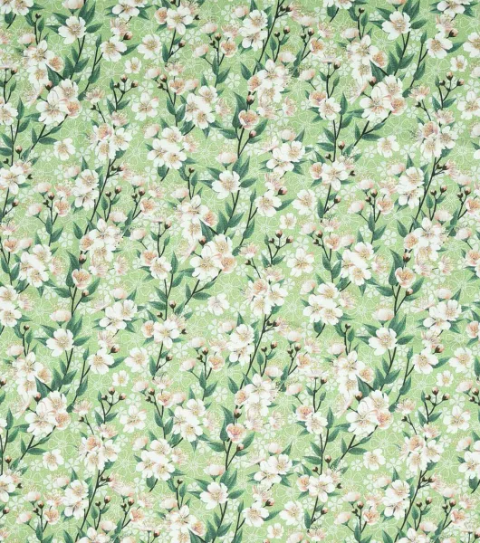 Asian Pink Floral On Green Metallic Premium Cotton Fabric by Joann