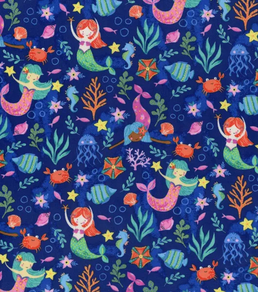 Underwater Mermaids on Blue Novelty Cotton Fabric