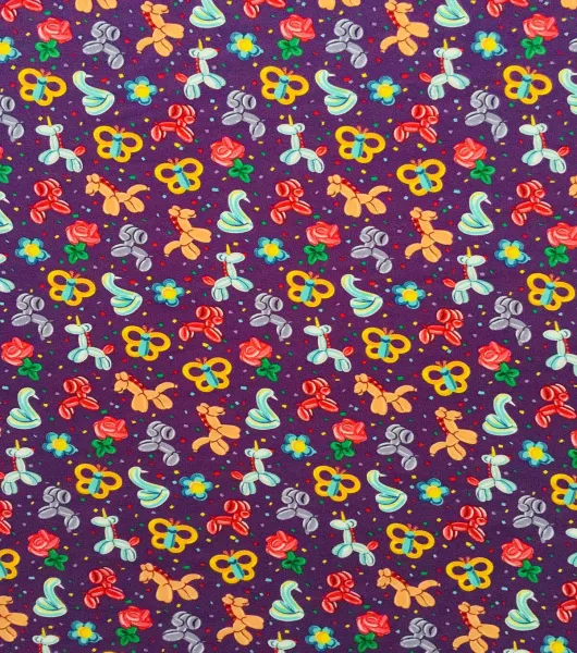 Balloon Animals on Purple Cotton Interlock Knit Fabric by POP!