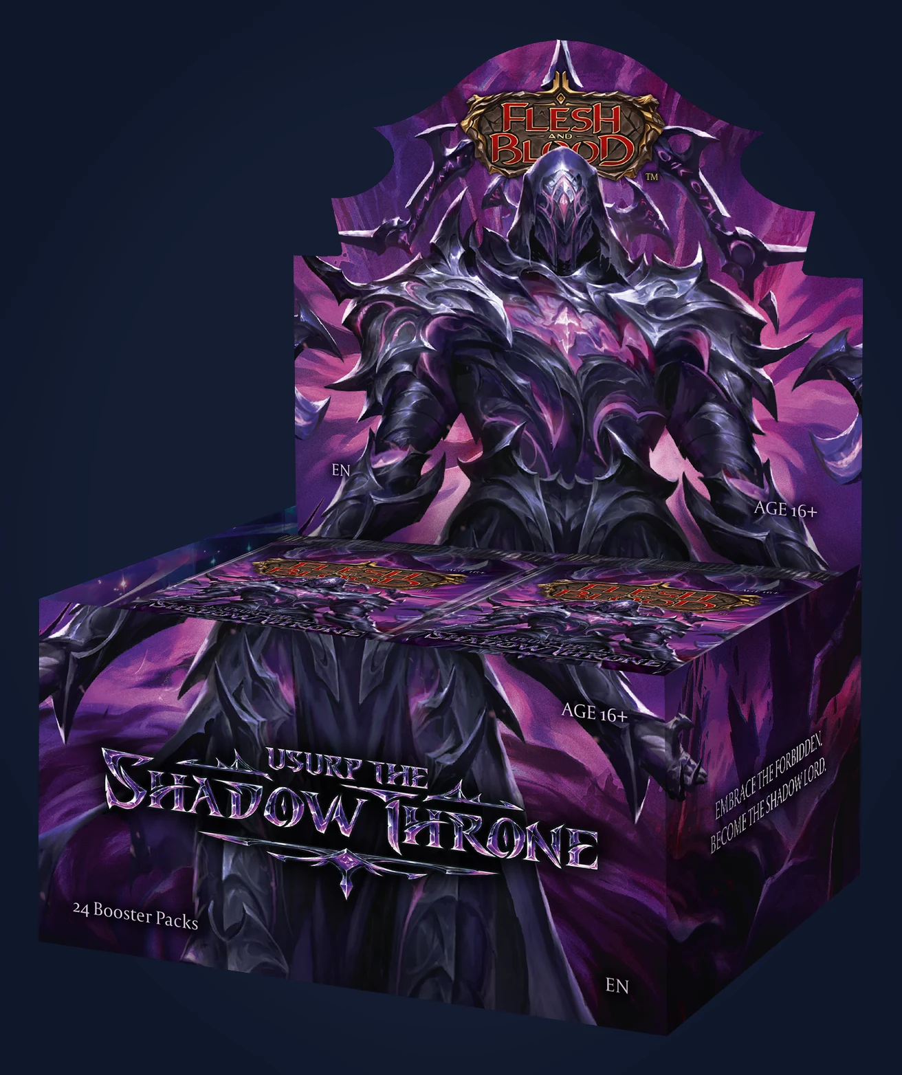 Usurp the Shadow Throne booster display. © Legend Story Studios — editorial use from official Flesh and Blood Usurp the Shadow Throne materials (fabtcg.com)