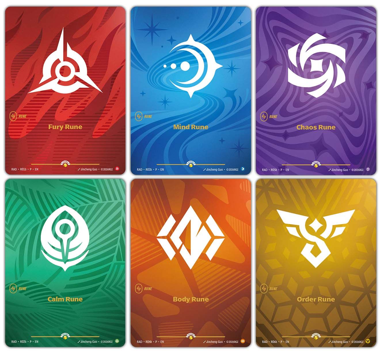 Six alternate-art Runes from the Riftbound Radiance Nexus Night promo pool
