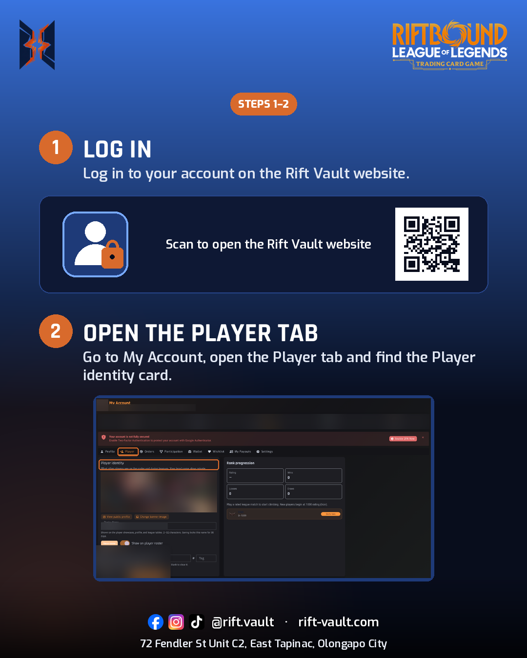 Steps 1 and 2: log in and go to My Account on rift-vault.com
