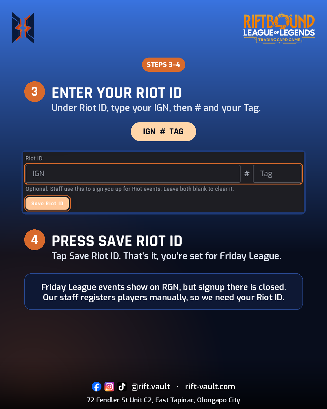 Steps 3 and 4: open the Player tab, enter your Riot ID and press Save Riot ID