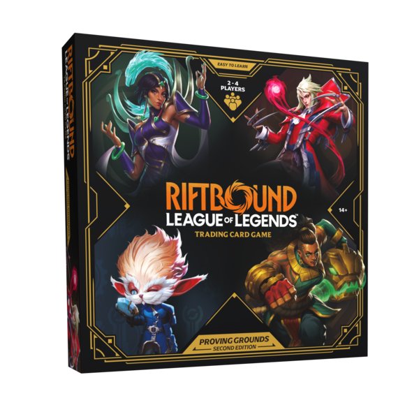 Riftbound Proving Grounds Second Edition box featuring Karma, Vladimir, Heimerdinger, and Illaoi