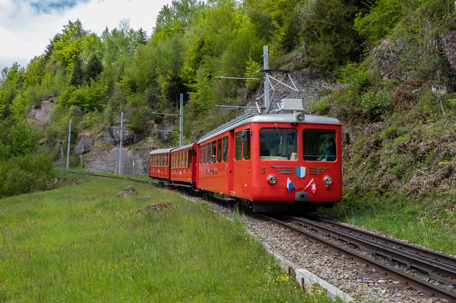 RB BDhe 4/4 5 mit zwei Vorstellwagen bei Grubisbalm bei der Bergfahrt nach Rigi Kulm Datum