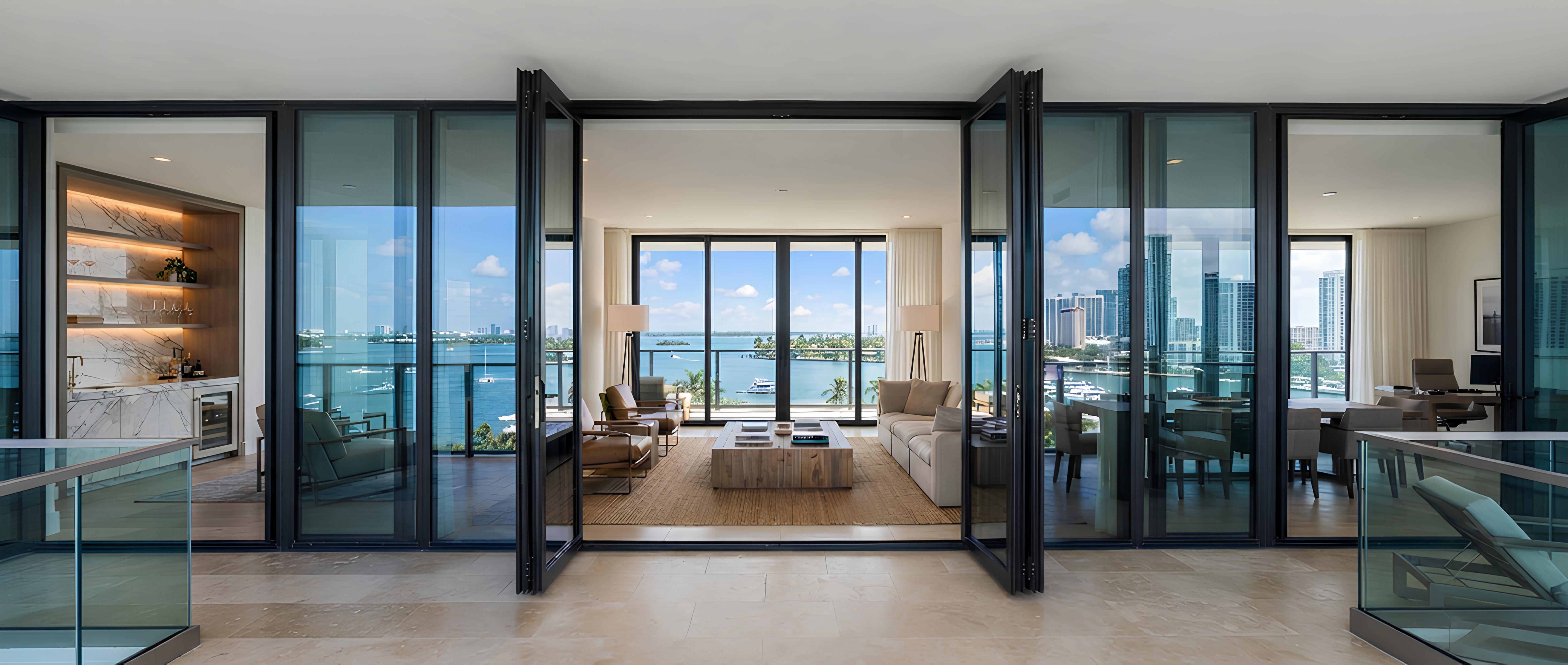 Open bifold doors revealing a waterfront living room and skyline