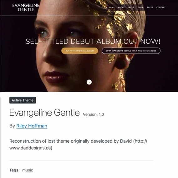 Screenshot of Evangeline Gentle Music Wordpress Theme.