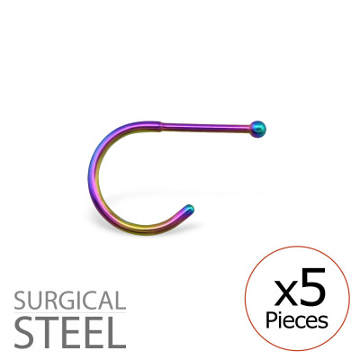 Pack of 5 Rainbow Surgical Steel Half Hoop Nose Studs