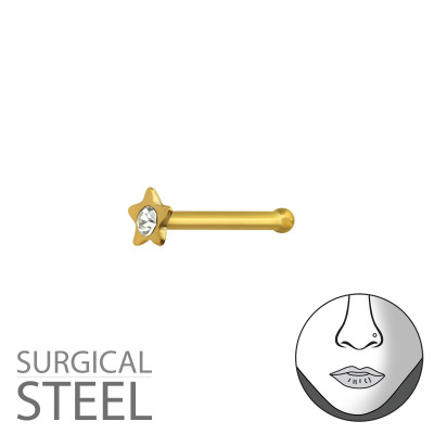 Gold Surgical Steel Star Nose Studs with Ball and Crystal