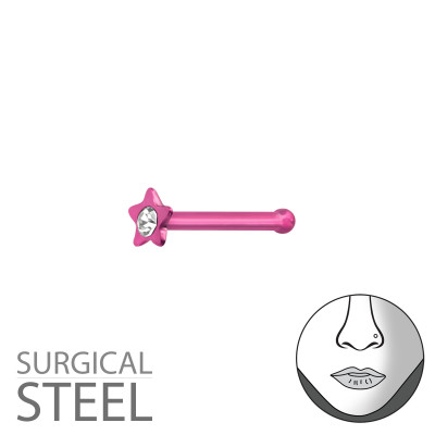 Pink Surgical Steel Star Nose Studs with Ball and Crystal