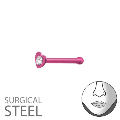 Pink Surgical Steel Heart Nose Studs with Ball and Crystal