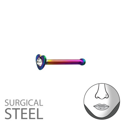 Rainbow Surgical Steel Heart Nose Studs with Ball and Crystal