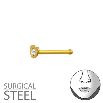 Gold Surgical Steel Heart Nose Studs with Ball and Crystal