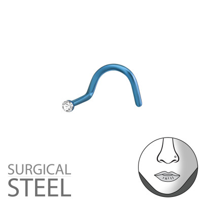 Blue Surgical Steel 1.3mm Nose Screw with Crystal