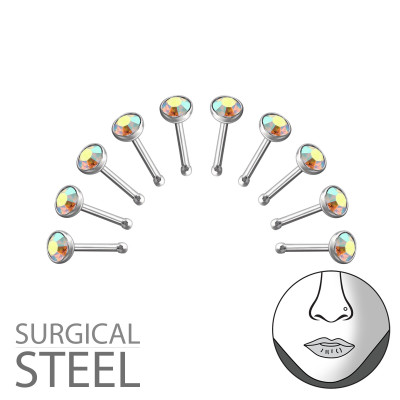 Pack of 10 Surgical Steel 3mm Nose Studs with Crystal