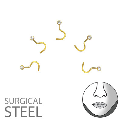 Pack of 5 Gold Surgical Steel 2mm Round Nose Screw with Crystal