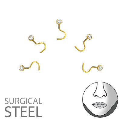 Pack of 5 Gold Surgical Steel 3mm Nose Screw with Crystal