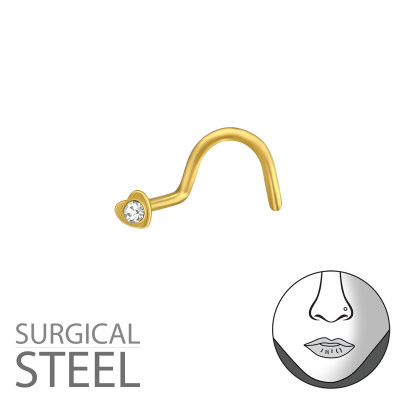 Gold Surgical Steel Heart Nose Screw with Crystal