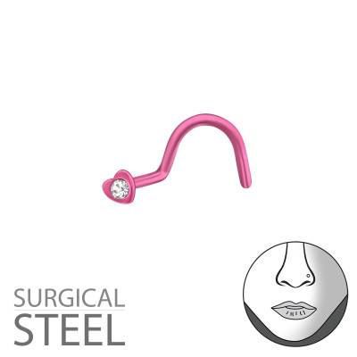 Pink Surgical Steel Heart Nose Screw with Crystal