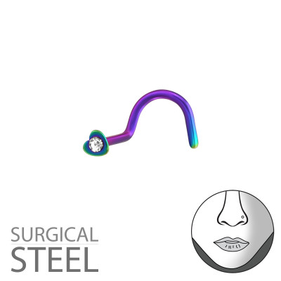 Rainbow Surgical Steel Heart Nose Screw with Crystal