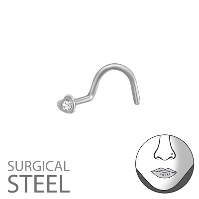 High Polish Surgical Steel Heart  Nose Screw with Crystal