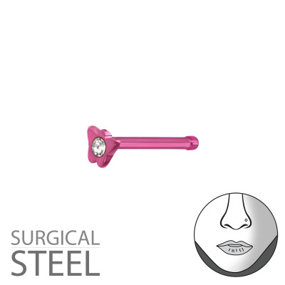 Pink Surgical Steel Butterfly Nose Studs with Ball and Crystal