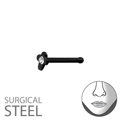 Black Surgical Steel Cross Nose Studs with Ball and Crystal