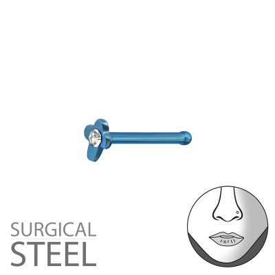 Blue Surgical Steel Cross Nose Studs with Ball and Crystal