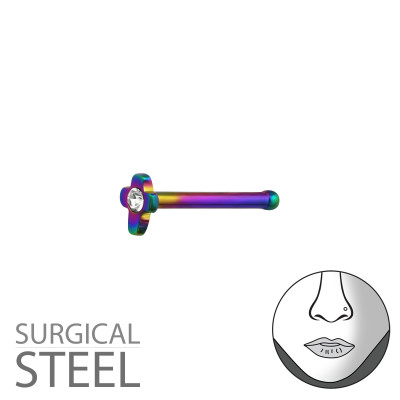 Rainbow Surgical Steel Cross Nose Studs with Ball and Crystal